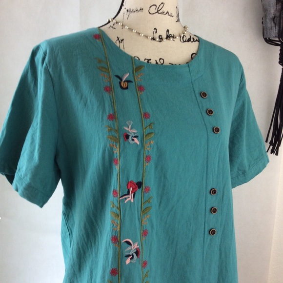 Teal Boho Floral Embroidered Short Sleeve Top XL - Picture 9 of 12